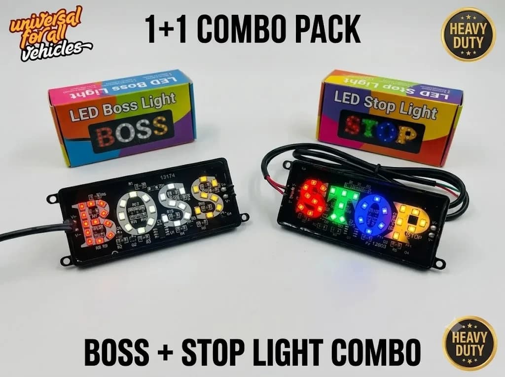 Universal BOSS + STOP LED Light Combo Pack (1+1 Set) – Multi-Color Rear Brake Tail Light & Name Board Lamp for All Bikes, Scooters & Commercial Vehicles (12V DC)